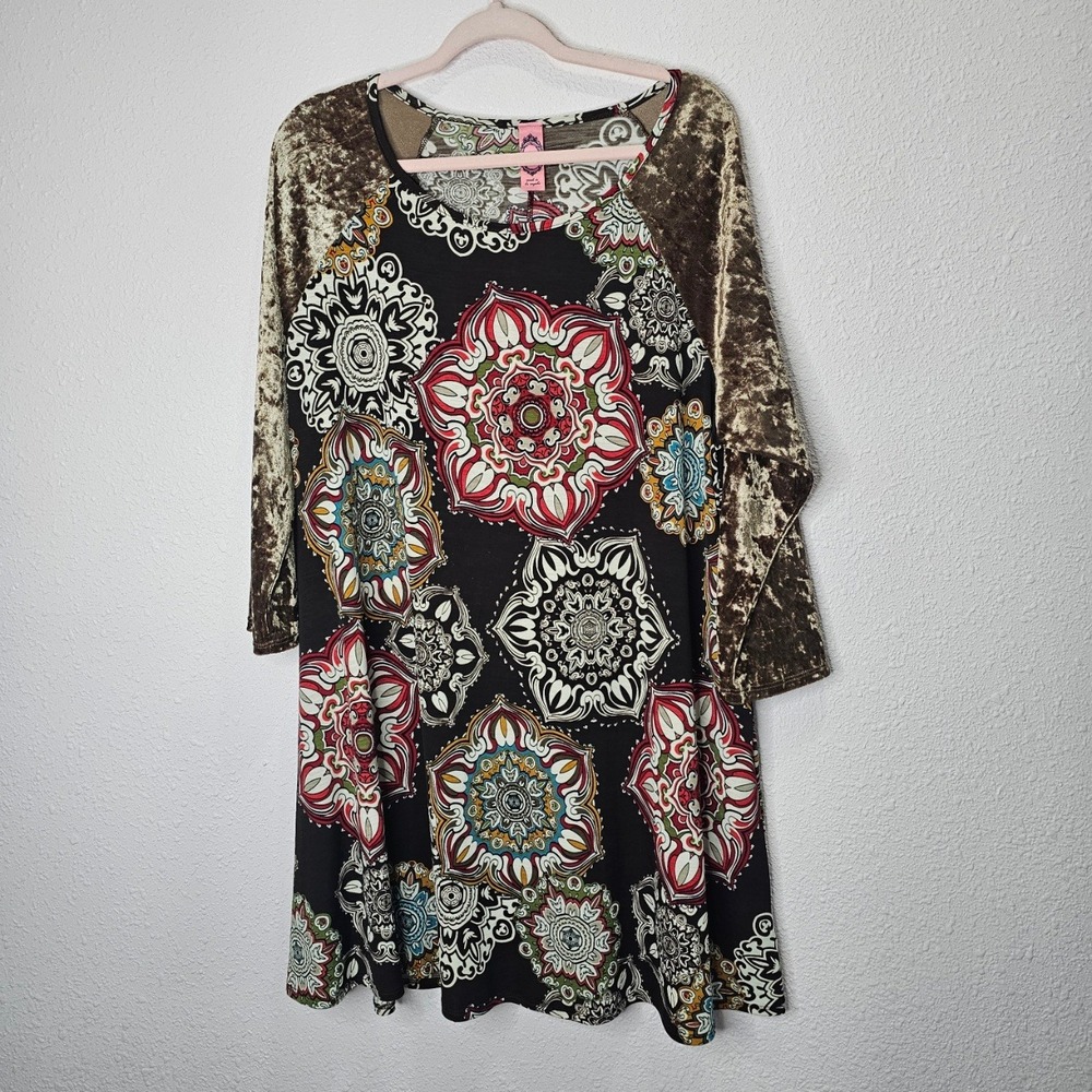 Honeyme Curvy Shirt Dress XL Velvet Raglan Sleeve‎ Boho Brown Multicolor Mandala